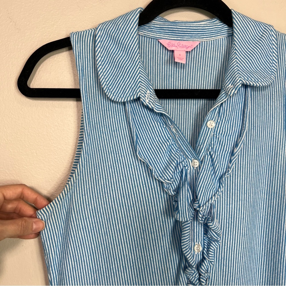 LILLY PULITZER Blue and White Striped Sleeveless Ruffled Collared Drew Polo - Picture 5 of 12